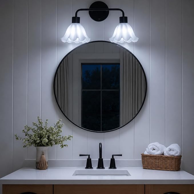 2 Light Black Bathroom Light Fixture,Modern Black Vanity Lighting Over Mirror,Cute White Glass Flower Lampshade,Wall Sconces,E26 Socket(Bulbs Not Included)