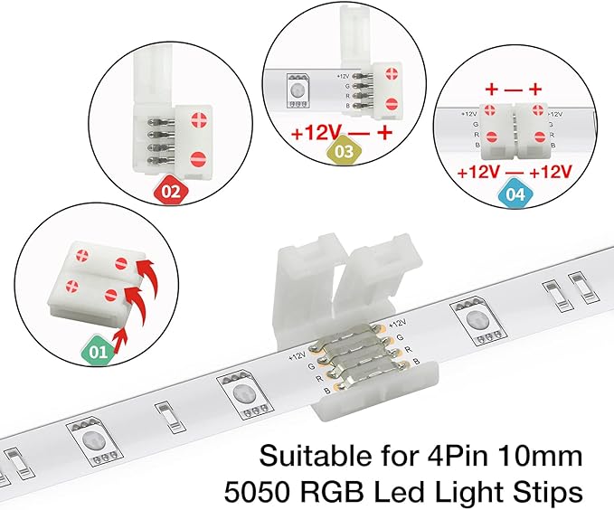 DAYBETTER 20 Pcs 4 Pin Led Light Connectors, 10mm Wide Led Connectors Unwired Gapless Solderless Adapter Clips for SMD 5050 RGB Multicolor Strip Lights, Strip Connectors for DIY