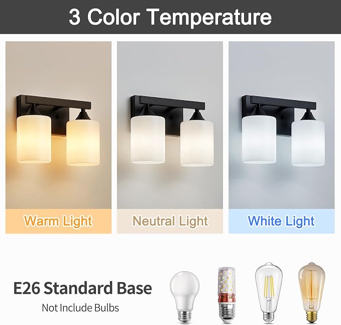 ZHU YAN Black Vanity Light Fixture,2 Light Bathroom Lighting Fixtures Over Mirror,Milky White Glass Shades,Bathroom Lights for Mirror Living Room Bedroom E26 Socket