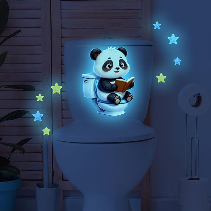 2 Sheets Glow in The Dark Panda Toilet Wall Stickers Cartoon Toilet Decals Bathroom Funny Panda Night Light Decor (Blue Panda)