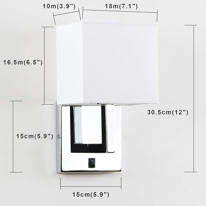 PERMO Single Wall Sconce Light Fixture Chrome Finish with White Textile Shades and On/Off Switch Button Small Modern Nightstand Lamps for Bedrooms Bedside Reading