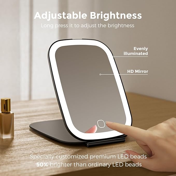 NEZZOE Rechargeable Travel Makeup Mirror with LED Light, 7x5 Inch, Black | Portable Lighted Makeup Mirror, 3 Lighting Modes, Dimmable Touch Control, Foldable Compact Vanity Mirror