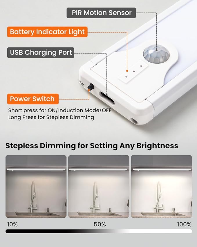 16 Inch Under Cabinet Lights, 83 LED Rechargeable Magnetic Motion Sensor Light Indoor, Brightness Dimmable 6500K Stepless Dimming Closet Light, for Under Counter, Kitchen, Stairs, Closet, 2 Packs