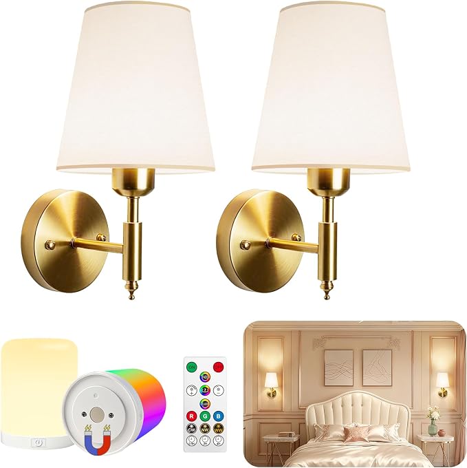 Adetu Battery Operated Wall Sconces Set of 2, Gold Rechargeable Wall Lights | 10000mAh RGB Rechargeable Magnetic Bulb, 5%-100% Dimmable, Battery Wall Sconce for Bedroom Wall Decor
