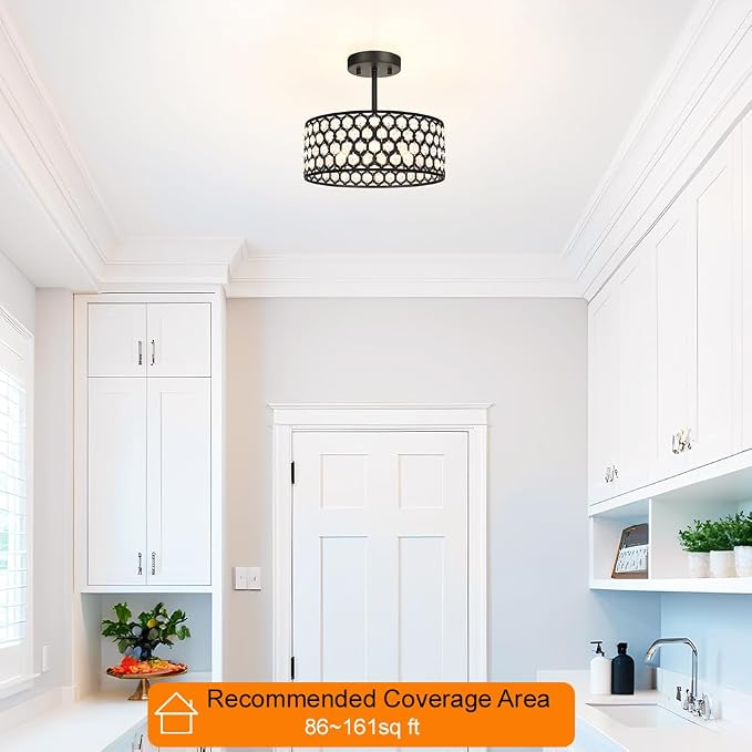 Lxybcce Black Crystal Ceiling Light Fixture - Modern Semi Flush Mount Ceiling Light for Hallway, Kitchen Lighting Fixtures Ceiling, Dazzling Prism Chandelier for Foyer Closet Bedroom, 3 Light, 12 in