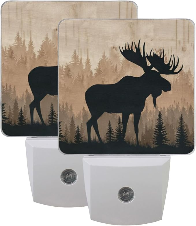 Moose Brown Wood Night Light Dusk to Dawn Sensor LED Night Dimmable Nightlight Lights Plug into Wall for Living Room