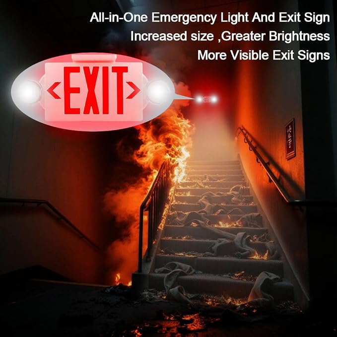 Emergency Exit Light, Adjustable Two LED Head Exit Sign Light, Commercial Emergency Exit Lighting Combo with Back-up Battery for Business UL Certificated(Red, 6 Pack)