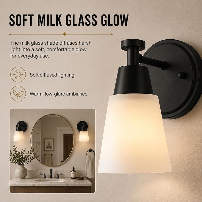 Wall Light Fixtures 2 Pack, Matte Black Vanity Lights with Milk Glass Shades, Modern Farmhouse Wall Sconces for Gallery, Mirror, Bedroom, and Bathroom