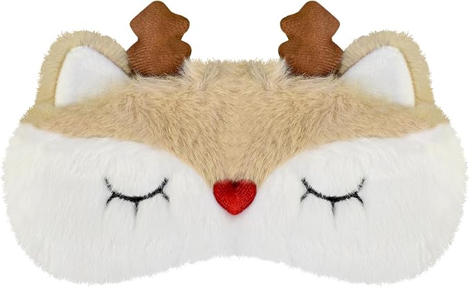 Christmas Reindeer Sleep Mask Cute Antler Eye Masks Sleeping Soft Plush Cartoon Blindfold Funny Animal Eye Cover Xmas Presents for Women Men (Xmas Reindeer,White)