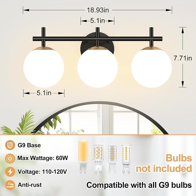 3-Light Bathroom Light Fixtures, Black and Gold Vanity Lights for Bathroom with Milky White Glass Shade, 18.9 inch Bathroom Lighting Fixtures Over Mirror, Compatible with G9 Bulbs (Bulb Not Included)