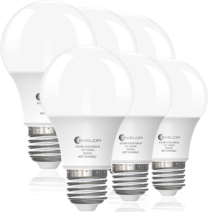 6-Pack A19 LED Light Bulbs,60 Watt Equivalent Daylight 5000K with E26 Base,Efficient 9W,800 Lumens Non-Dimmable LED Bulbs,15000 Hours, Ideal for Bedroom Living Room