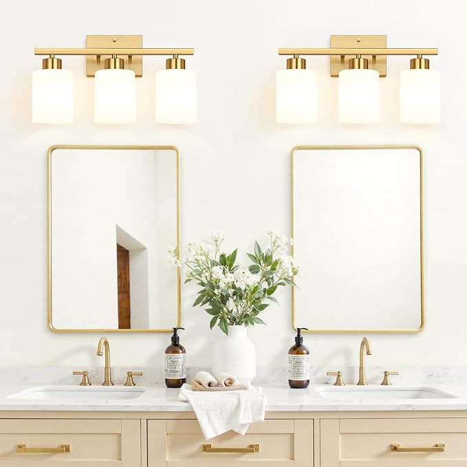 3-Light Bathroom Light Fixtures, Brushed Gold Vanity Light, Bathroom Vanity Light with Milky White Frosted Glass Shades, Bathroom Light for Mirror, Bedroom, Hallway, or Living Room