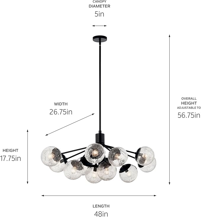 Kichler Silvarious 12-Light Linear Convertible Chandelier, Soft Modern Light with Clear Crackled Glass in Black, for Dining Room or Living Room (17.75" x 26.75" x 48"), 52703BK