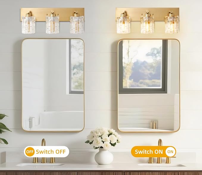 3 Lights Brushed Gold Crystal Bathroom Vanity Light,Modern Bathroom Wall Light,Crystal Over Mirror Light Fixtures for Living Room, Bedroom, Hallway
