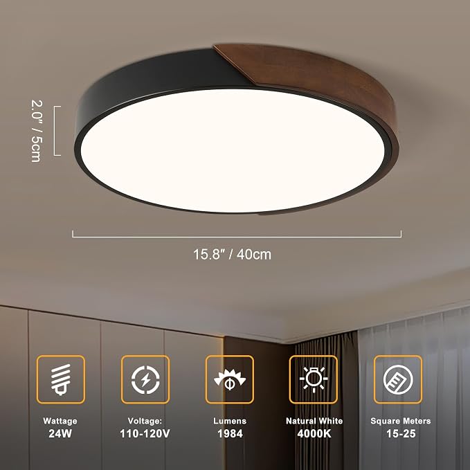 Modern LED Ceiling Light, Dark Walnut Wood Minimalist Flush Mount Ceiling Light Fixture, 4000K Circle Not Dimmable Lighting Lamp with Acrylic Lampshade for Bedroom Hallway Kitchen 15.8"
