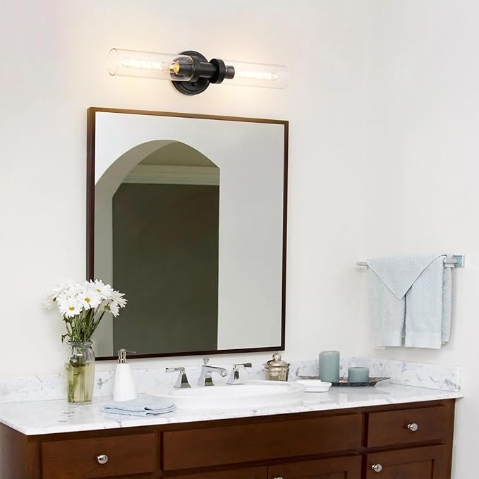 Black Sconces Wall Lighting, Bathroom 2-Light Vanity Light W/Clear Glass Shade, Modern Wall Mounted Lights for Mirror, Makeup Vanity, Kitchen, Washroom, Hallway, E26 T10 Bulbs(Excluded)