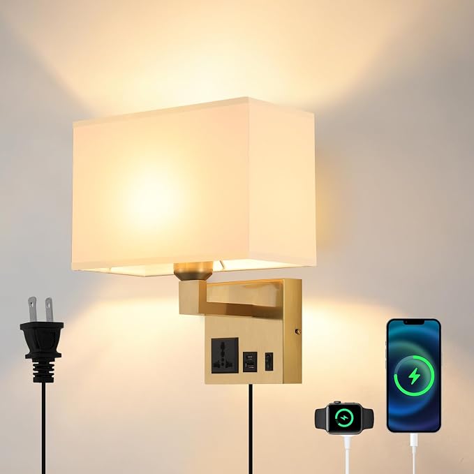 Plug in Wall Sconces, Wall Lamp with Brass Base Square lampshade | Wall Lamps for Bedroom Bulb Included, Wall Mounted Lamp with 3 Color Temperature, Bedside Lamps with USB Ports and AC Outlet
