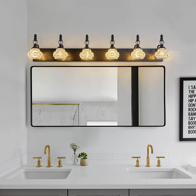Modern Crystal Bathroom Vanity Light Black Vintage Bathroom Light Fixtures 6-Lights Glass Crystal Vanity Lights