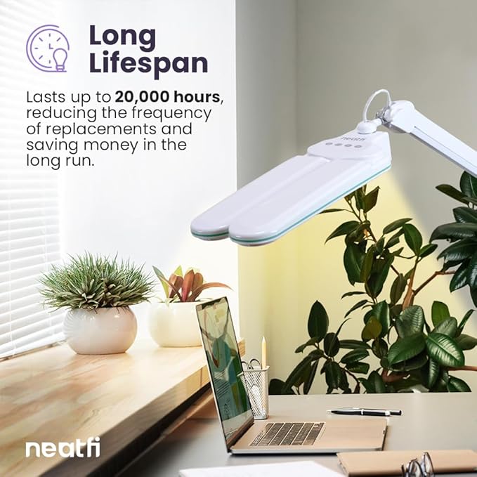 Neatfi Elite HD XL LED Desk Lamp | 3 Light Modes | Non-Polar Dimming | Eye-Caring Desk Light for Home Office, Drafting, Beauty Shop, Workbench (CCT with Clamp, Blue Ring, 17 Inches)