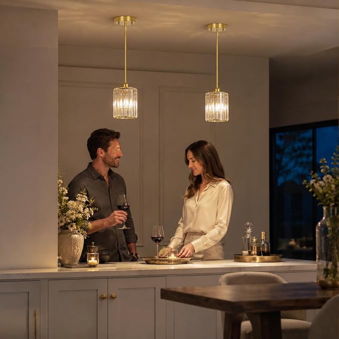 Lxybcce Brushed Gold Kitchen Pendant Lights Over Island with Adjustable Rods - Crystal Pendant Lighting Fixtures for Sloped Ceiling, Ideal Over Dining Table or Bar, E26 Bulb Compatible