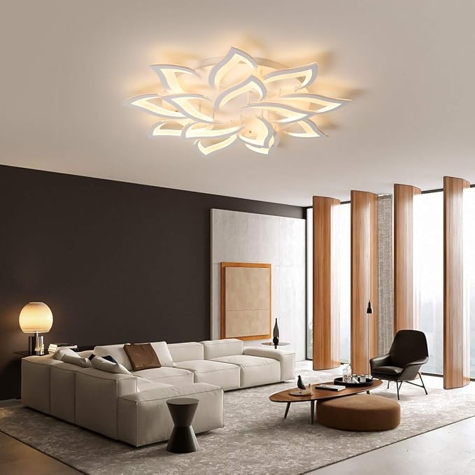Garwarm 36" Modern LED Low-Profile Flush Mount Ceiling Light, Dimmable | White Acrylic 14-Petal Flower Ceiling Light with Remote, 3000K-6500K, Memory for Large Living Room, Bedroom and Dining Room
