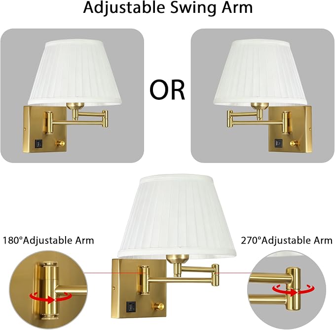 Plug in Wall Lamp for Living Room Bedroom Bedside, Bulb Included | Wall Sconce with USB C+A Charging Ports, Adjustable Swing Arm 270°, Adjustable Color Temperature, White Fabric Cone lampshade