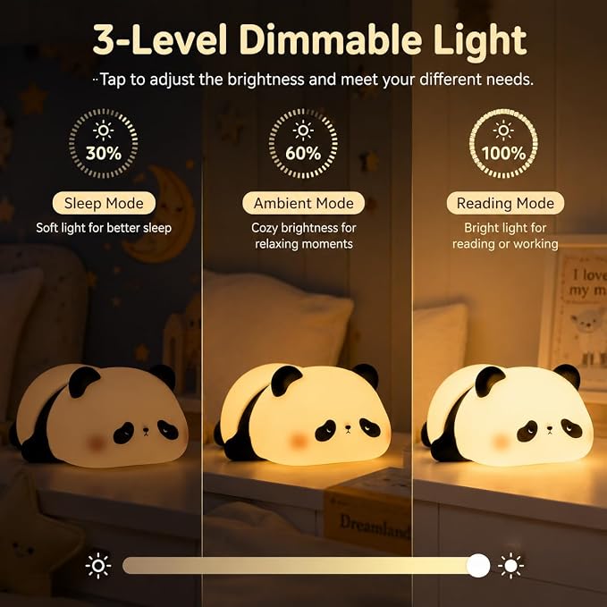 Cute Panda Night Light for Kids, Silicone Baby Squishy Lamp, 3-Level Dimmable Nursery Light for Bedroom, Rechargeable Portable Lamp, Desk Decor Birthday Christmas White Elephant Gift