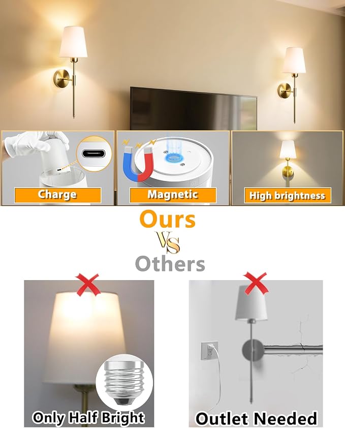 Adetu Battery Operated Wall Sconce Set of 2, Gold Wireless Battery Wall Lights