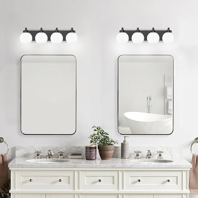 IZORRO Bathroom Light Fixtures, 4-Light Matte Black Vanity Light, Modern Wall Sconces with Globe Milk White Glass Shade, Vanity Lighting Fixtures Over Mirror,E26 Bulb Socket