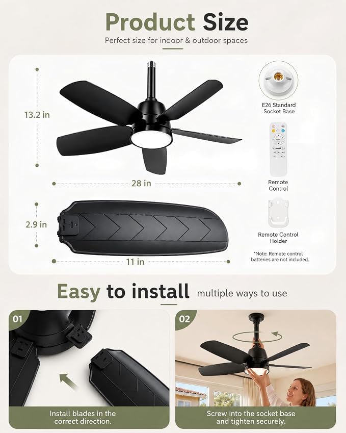 Ceiling Fan with Light, 28'' Flush Mount Low Profile Fan for Bedroom &Patio | Quiet Reversible DC Motor, 6-Speed, 3-Color Temp Dimmable LED Light with Remote & Timer, Indoor Small Ceiling Fan Black