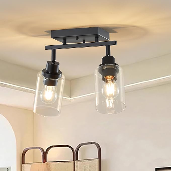 LOUSACE 2 Light Kitchen Track Light Fixtures Ceiling Vanity Lights Black, Bathroom Track Lighting Kit w/Rotatable Heads & Clear Glass Shade, Modern Wall Ceiling Tracking Light for Accent Shop Hallway