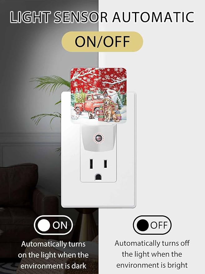 Christmas Night Lights Plug into Wall LED Night Light Christmas Tree Dog and Gift Winter Berry Automatic Dimmable Dusk-to-Dawn Square Shaped Smart Nightlight for Bathroom/Bedroom