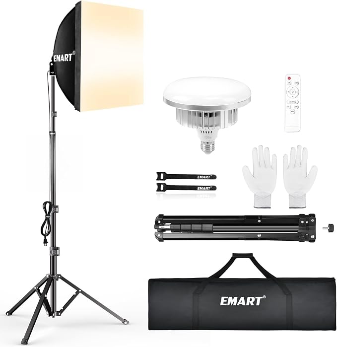 EMART Softbox Lighting Kit 135W 16"x16" Softbox for Photography Light 1Pack | 3000K-6500K LED Bulbs with Remote, 65" Tripod, Professional Photography Lighting for Studio Lights, Portrait, Video Recording