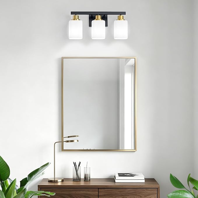 Black and Gold Vanity Light,3-Light Bathroom Light Fixtures,17" | Modern Bathroom Light Fixtures with Square Frosted Glass,Wall Sconces Lighting fixtures Over Mirror Restroom, Living Room