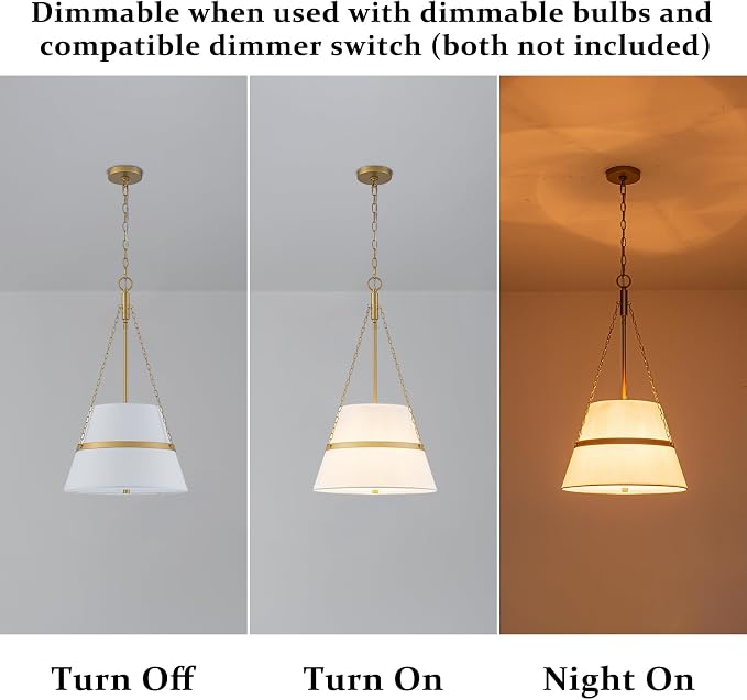 15.35" Gold Drum Chandelier, White Linen Pendant Light for Kitchen Island | Modern Transitional, 4-Light, 3 Side Chains, for Dining Room, Breakfast Nook, Home Office, Adjustable Chain 15.35"W x 28.35"H