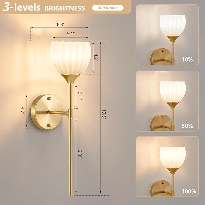 Vintage Battery Operated Wall Sconce Set of 2, White Tulip Glass Lampshade Wireless 5300 mAh Rechargeable Battery Powered LED Wall Light with Remote Dimmable for Bedroom Bathroom Living Room