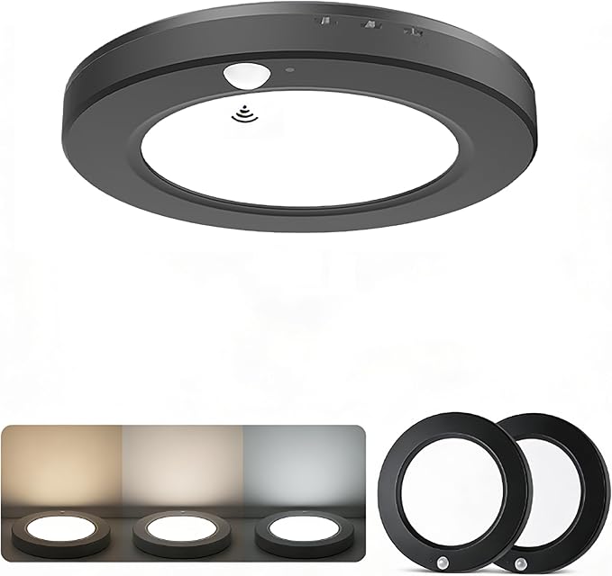 2 Pack Motion Sensor Ceiling Light Hardwired, 15W 1500lm 3CCT/3 Mode/30-120s Timer, 7.5 inch Black Small Motion Sensor Light Indoor for Closet, Pantry, Hallways, Stairwells, Garage