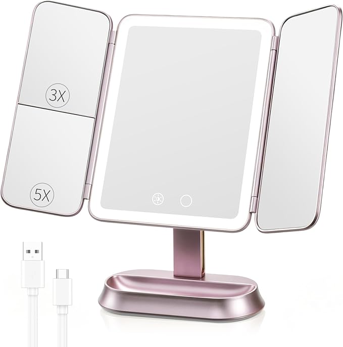 FRANO Lighted Makeup Mirror with 1X/3X/5X Magnification, Rechargeable Trifold Mirror, Smart Sensor & 3 Light Colors, Portable Cosmetic Vanity Mirror for Women - Metallic Purple