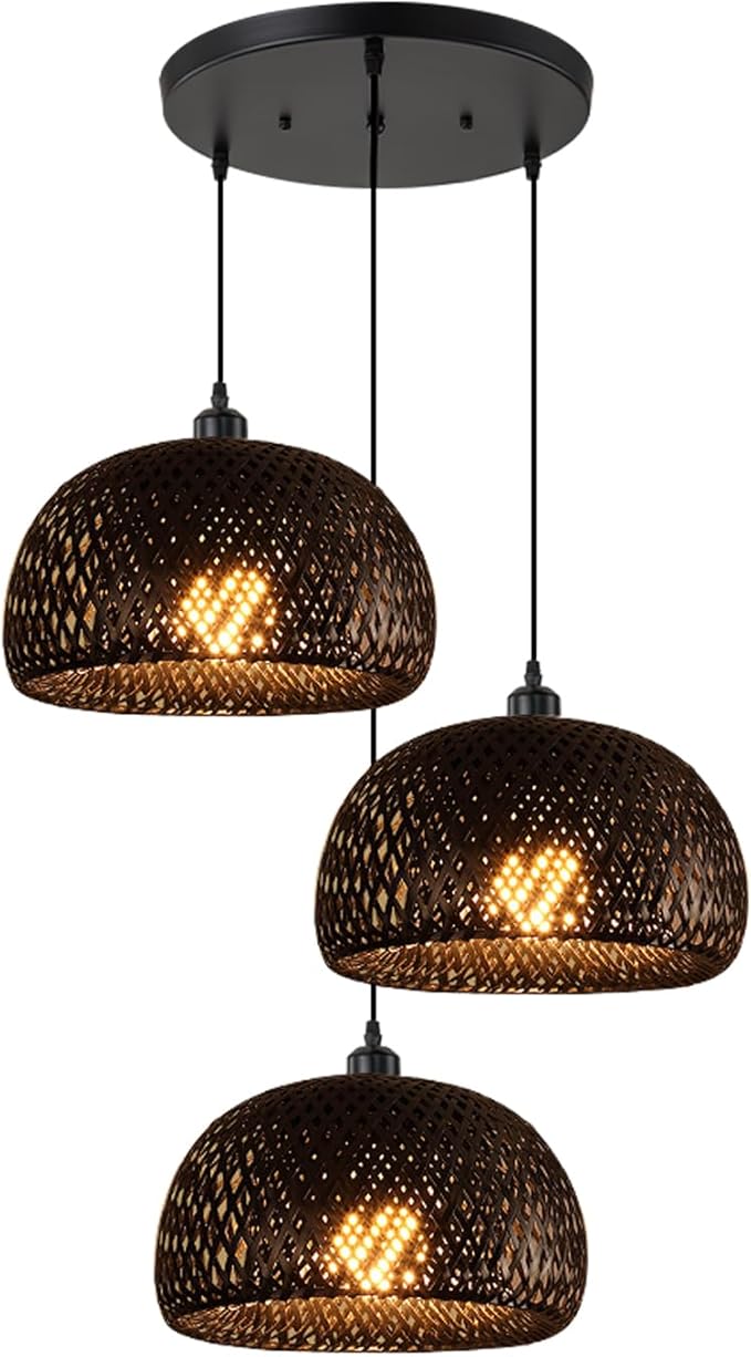 Black Bamboo 3 Light Fixtures Cluster Rattan Pendant Light Hand Woven Wicker Chandelier Boho Ceiling Hanging Light for Kitchen Stairway Hallway Dining Room Foyer