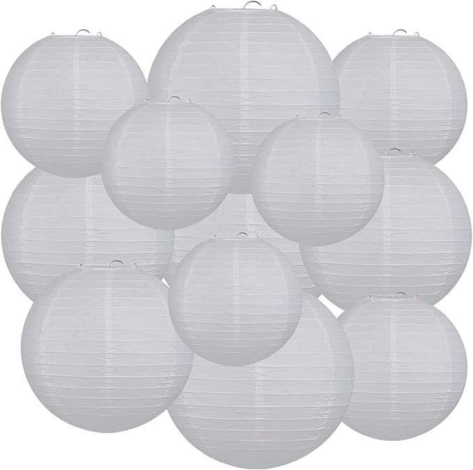 White Paper Lanterns Set (12Pcs) Round Hanging Paper Lanterns for Children's DIY Activities Wedding, Bridal, Outdoor, Garden, Home, Party Decorations