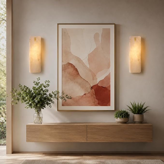 12 Inch Alabaster Wall Sconce, Natural Spanish Stone Brass Gold Wall Light, Modern Marble Sconces Dimmable E12 Hardwired Rectangular Vanity Light Fixture for Bathroom Mirror, Hallway Corridor(1 Pcs)