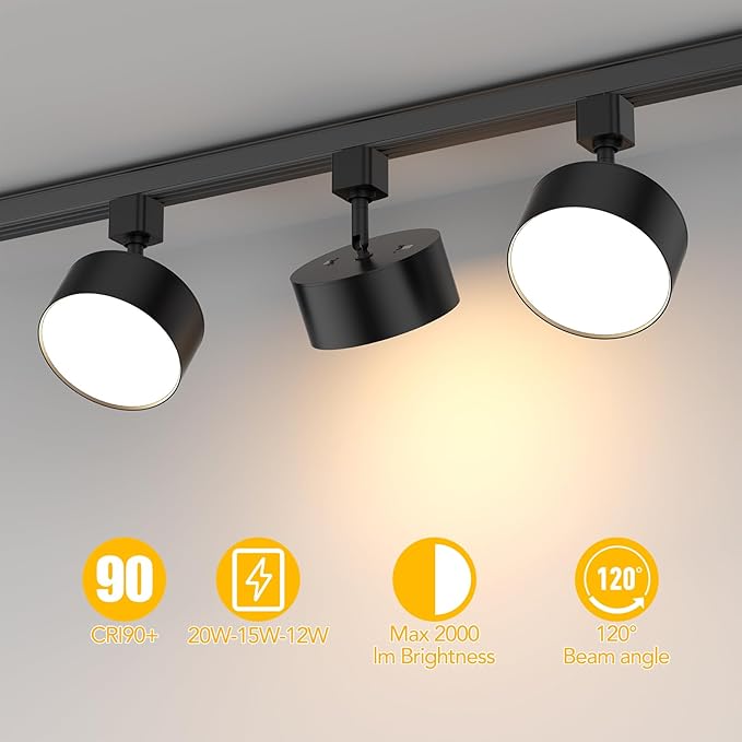 5 Color Diffuse LED Track Lighting Heads H Type Track Light Heads Dimmable Kitchen Track Lighting Fixtures Ceiling, Compatible with H Track Rails - Flicker Free CRI90+ 20W 2000lm, 4 Pack Black
