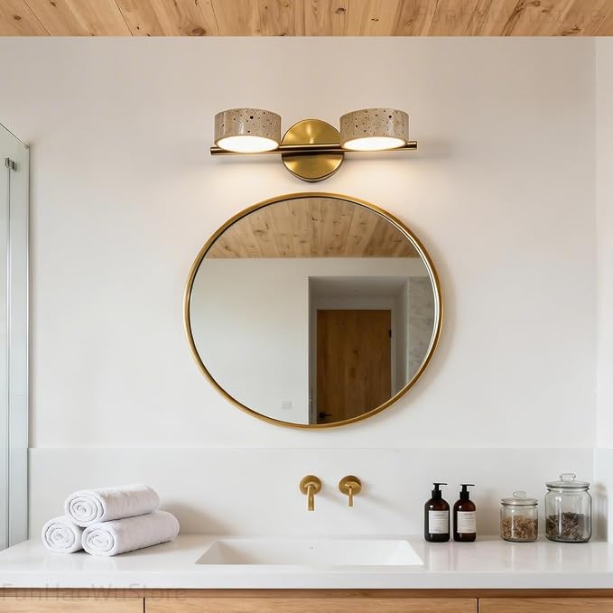 Led Bathroom Lighting Fixtures Over Mirror with 2 Travertine Shades,Vanity Lights Wall Lamp, 180° Rotatable Stone Lampshades Bathroom Lights, Modern Farmhouse Stone Sconces Gold