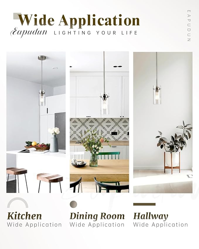 EAPUDUN Pendant Lights Kitchen Island (3 Pack), Clear Glass Shade Kitchen Lighting fixtures Ceiling Hanging, Brushed Nickel Light for Kitchen Island,Dining Room,Corridor Bedroom E26 Base