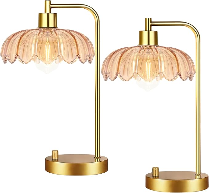 ILLMTW Glass Table Lamp Set of 2,Small Gold Bedside Lamps Dimmable Boho Bedroom Lamp with Tulip Flower Amber Lamp Shade,Vintage Mid Century Modern Mini Nightstand Lamp for Bedroom Living Room