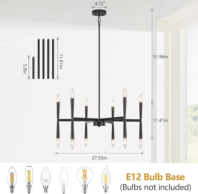 27.56 inch Large Black Modern Farmhouse Chandelier, Foyer Entryway Chandelier Light Fixture, Kitchen Pendant Lights Metal Industrial for Bedroom Dining Room Over Table Living Room Laundry Room