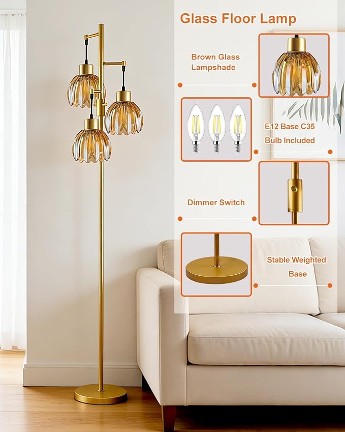 Lightdot 65'' Glass Floor Lamp Dimmable Gold with Brown Lotus Glass Shade & 3000K Bulbs Included 3-Lights Modern Tall Standing Lamp with 5Lbs Heavy Base for Living Room/Bedroom/Sofa/Corner Decor