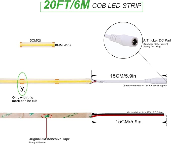 JOYLIT 12V COB White LED Strip Lights Waterproof 20FT/6M 320LEDs/M Uniform Flexible 6000K Cool White Tape Light for Cabinets, Shelves, Counters, Closets, RV Decoration (LED Strip Only)