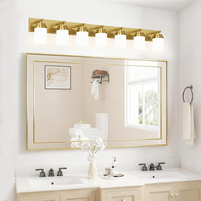 IZORRO Bathroom Vanity Light Fixture, 7-Light 52 inch Gold Bathroom Light Fixtures Over Mirror, with White Glass Shade, Modern Farmhouse Vanity Lights, Rustic Restroom Lighting Fixtures