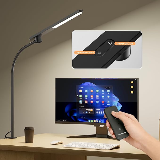 Honeywell HJ2 Gooseneck LED Desk Lamp with Clamp, CRI≥97 Full Spectrum Eye-Caring Light, 16" Flexible Metal Arm, 3-Color Dimming with Magnetic Remote for Home Office, Artists, Reading (Black)